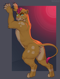 abstract_background anus blue_eyes bodily_fluids butt claws countershading female feral fingers fur genital_fluids genitals glowing glowing_eyes hair looking_at_viewer muscular muscular_female muscular_feral open_mouth pawpads pink_hair pink_pawpads raised_tail scratching simple_background smile solo spots tail tail_anus tail_tuft tan_body tan_fur teeth tuft vulva yellow_body yellow_fur conditional_dnp tgt1512 aode_(asonix) fan_character felid lion mammal pantherine digital_media_(artwork) hi_res