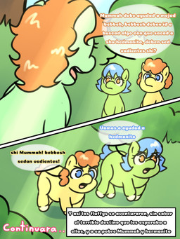 ambiguous_gender baby_talk blue_eyes blue_hair dialogue feral green_body hair orange_eyes orange_hair orange_tail outside plant quadruped tail text yellow_body young giggle_fluffy's fluffy_pony fluffy_pony_(species) mammal 3:4 comic digital_media_(artwork) hi_res spanish_description spanish_text translated translated_description