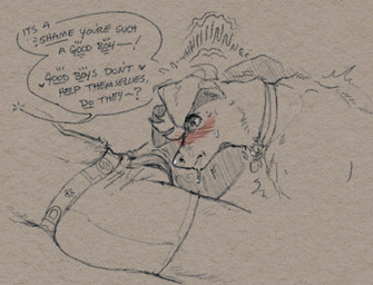 anthro bdsm blush bodily_fluids brown_background bulge clothing collar dominant dominant_male drooling duo good_boy lying male male/male male_anthro on_back petplay roleplay saliva simple_background submissive submissive_anthro submissive_male subspace sweat sweatdrop underwear whining blushing_yokai tobias_weatherby canid canine canis domestic_dog mammal