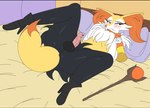 anthro anus balls bed black_bars blush bodily_fluids erection fangs furniture genitals humanoid_genitalia humanoid_penis inside lying male nervous on_back penis solo spread_legs spreading sweat teeth cbear624 nintendo pokemon aaron_akio aaron_the_braixen braixen generation_6_pokemon pokemon_(species) letterbox