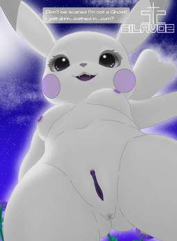 anthro anus breasts female genitals looking_at_viewer looking_down low-angle_view medium_breasts navel night nippel nipples nude nude_anthro open_mouth plant pokemorph purple_eyes sky smile solo spread_vulva spreading star teeth text vulva white_body silavos nintendo pokemon pokemon_pokopia peakychu generation_1_pokemon ghost mammal pikachu pokemon_(species) rodent spirit hi_res watermark