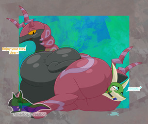 anal anal_head_gulp anal_vore ball_gag belly big_belly big_butt blush butt duo endosoma feral gag huge_butt lying male on_side open_mouth overweight overweight_male partially_inside rear_view safe_vore serpentine simple_background size_difference tail text thick_thighs vore wide_hips willing_pred willing_prey arceus_tummy nintendo pokemon arthropod generation_5_pokemon pokemon_(species) reptile scalie scolipede serperior snake english_text hi_res