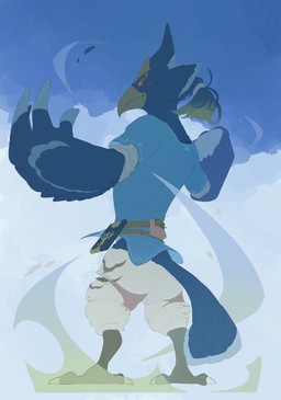 after_transformation ambiguous_gender anthro beak belt blonde_hair blue_body blue_clothing blue_feathers blue_hair blue_shirt blue_topwear bottomwear butt claws clothing feathers hair ponytail scuted_legs scutes sheikah_slate shirt solo tablet_computer tail tail_feathers tan_body tan_feathers toe_claws topwear torn_bottomwear torn_clothing transformation winged_arms wings yellow_eyes aosagi breath_of_the_wild nintendo the_legend_of_zelda link revali avian rito absurd_res hi_res