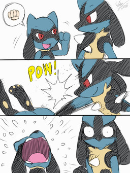 ambiguous_gender anthro black_body black_fur blue_body blue_fur bodily_fluids crying duo fur hitting level_difference long_ears looking_down open_mouth pawpads paws punch red_eyes simple_background size_difference smile spikes tears text violence yellow_body yellow_fur winick-lim nintendo pokemon canid canine generation_4_pokemon lucario mammal pokemon_(species) riolu 2016 comic