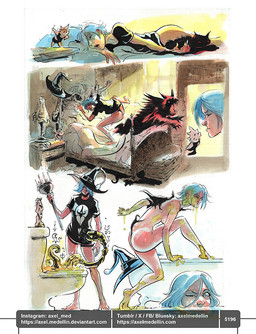 5_fingers 5_toes ambiguous_feral ambiguous_gender annoyed arms_bent bathroom bathtub bed bedroom bent_legs black_body black_bottomwear black_clothing black_crop_top black_fur black_hat black_headwear black_purse black_shirt black_skirt black_topwear blue_bedding blue_hair blue_pillow bottomwear breasts broom brown_wall butt claws cleaning_tool clothed clothed_female clothed_human clothed_humanoid clothing convenient_censorship crate crop_top doll empty_eyes end_table extreme_size_difference eyelashes eyes_closed featureless_limbs feet female female_human female_humanoid feral fingers fully_clothed fully_clothed_female fully_clothed_humanoid fur furniture furniture_lamp group hair hat headboard headgear headwear holding_cleaning_tool holding_object holding_plunger inside larger_female larger_human light looking_at_another lying lying_on_bed magic_user medium_hair midair morning noseless on_back on_bed open_mouth outside pillow purse red_sclera shirt sitting_on_shoulder size_difference skirt sky sleeping small_breasts smaller_ambiguous smaller_female smaller_feral smaller_humanoid startled sunlight tan_blanket tan_body tan_skin tentacles text toes toilet topwear trio voodoo voodoo_doll wall_(structure) window wing_claws wings witch witch_hat x_eyes axelmedellin inktober shapeshifter_(axelmedellin) voodoo_doll_(axelmedellin) witch_(axelmedellin) animate_inanimate domestic_cat felid feline felis human humanoid living_doll mammal 2025 artist_name colored comic english_description lighting painting_(artwork) pen_(artwork) shaded signature traditional_media_(artwork) url