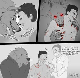5_fingers annoyed anthro bite black_hair blood bodily_fluids claws clothed clothing dialogue doctor duo fingers fur gloves glowing glowing_eyes hair handwear human_on_anthro humor interspecies looking_at_another looking_at_partner male male/male male_on_anthro male_on_human mask medical_instrument red_eyes rough_sex scientific_instrument scratching sex shaking simple_background smile surgical_mask surgical_suture teeth text the_truth sepulte mythology canid canine canis human mammal mythological_canine mythological_creature werecanid werecanine werecreature werewolf wolf 2020 comic english_text greyscale hi_res lol_comments monochrome signature