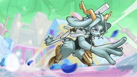accessory anthro antlers armor big_breasts black_clothing black_topwear black_vest blue_eyes bottomless bracelet breasts capelet clothed clothing dream_breaker_(pseudoregalia) female female_anthro floppy_ears fur greaves grey_body grey_fur grey_hair hair hair_accessory hair_ring hip_tuft holding_object holding_weapon horn jewelry looking_forward lop_ears pose solo tail three-quarter_view topwear tuft vest weapon white_capelet white_clothing kopikup pseudoregalia sybil_(pseudoregalia) bovid caprine felid feline goat lagomorph leporid mammal rabbit 16:9 2026 4k absurd_res digital_media_(artwork) digital_painting_(artwork) hi_res painting_(artwork) shaded widescreen