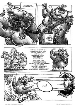 anthro armor belly big_belly big_butt bottomwear butt clothing dialogue group headgear helmet male moobs nipples overweight overweight_male shirt shorts smoking text topwear jwbalsley boss_rat chester_the_rat stinky_the_rat mammal murid murine rat rodent 2025 comic english_text hi_res monochrome