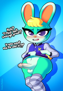 anthro big_penis clothed clothing clothing_lift embarrassed femboy footwear genitals jacket knee_highs knee_socks legwear letterman_jacket male penis socks solo topwear eroticphobia animal_crossing nintendo sasha_(animal_crossing) lagomorph leporid mammal rabbit digital_media_(artwork) hi_res shaded