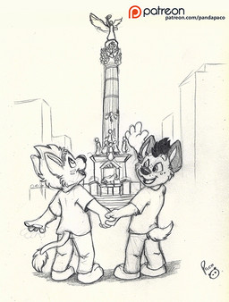 anthro barefoot bottomwear clothed clothing duo facial_spots feet freckled_face freckles hair hand_holding logo male open_mouth open_smile outside pants patreon_logo shirt short_hair smile spotted_face standing t-shirt tail tail_tuft text topwear tuft young young_anthro young_male pandapaco patreon hyena mammal species_request artist_logo signature spot_color url