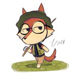 ambiguous_gender anthro bottomwear clothing eyewear fishing_rod glasses grass hat headgear headwear looking_aside markings mouthless orange_body plant shorts simple_background solo topwear vest white_background white_markings yeaunganimation webfishing canid mammal 2024 dated