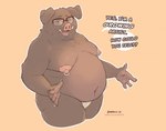 anthro belly brown_body brown_fur clothed clothing dialogue double_chin eyewear fur glasses humor looking_at_viewer male moobs navel nipple_piercing nipple_ring nipples open_mouth open_smile overweight overweight_anthro overweight_male piercing pun ring_piercing smile solo speech_bubble talking_to_viewer text thick_thighs topless tusks underwear weight_gain boardom mammal suid suine sus_(pig) wild_boar english_text hi_res url