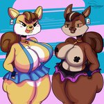 anthro big_breasts big_butt breasts brown_body butt covered_breasts duo ear_piercing ear_ring female food hair piercing pizza ring_piercing small_clothing teeth thick_thighs tongue yellow_body suwodirector fazbear_fanverse five_nights_at_freddy's popgoes popgoes_arcade popgoes_evergreen scottgames saffron_the_squirrel sara_the_squirrel mammal rodent sciurid tree_squirrel 1:1 hi_res