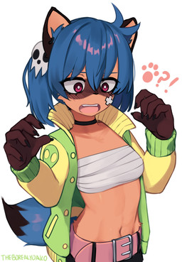 anthro blush blush_lines breasts chest_wraps clothed clothing female female_anthro fur hair kemono midriff multicolored_body multicolored_fur multicolored_hair navel small_breasts solo tail wraps yoako brand_new_animal studio_trigger michiru_kagemori canid canine mammal raccoon_dog tanuki 2022 digital_media_(artwork)