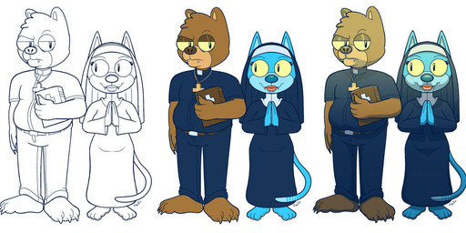 anthro clothing cross cross_necklace duo fangs female jewelry lips male necklace nun nun_habit priest religious_clothing teeth garyguidrozarts father_ted_(garyguidrozarts) sister_eliza_(garyguidrozarts) bear domestic_cat felid feline felis mammal