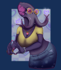 4_fingers black_sclera bracelet breasts cleavage clothed clothing eyewear female fingers gesture glasses heart_gesture heart_symbol jewelry nails necklace orange_eyes purple_body round_glasses sharp_nails shirt solo tentacles topwear wearing_glasses yellow_clothing yellow_shirt yellow_topwear heart-buzz dungeons_and_dragons hasbro wizards_of_the_coast humanoid mind_flayer alpha_channel hi_res
