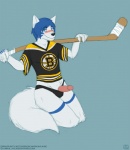 anthro biped black_nose blue_hair blush clothing erection fluffy fluffy_tail fur genitals hair hockey humanoid_genitalia humanoid_penis ice_hockey kneeling looking_at_viewer male penis penis_poking_out presenting simple_background smile solo sport tail text underwear white_background white_body white_fur white_hair olympiaxylaige boston_bruins nhl hockeywolf canid canine canis mammal wolf url