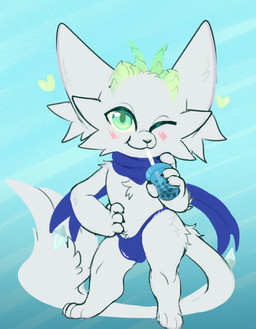 anthro beverage blush bubble_tea bulge cheek_tuft chest_tuft claws clothing container cup digitigrade drinking drinking_straw ear_tuft facial_tuft green_eyes green_horn hand_on_hip horn long_tail looking_at_viewer male one_eye_closed paws sassy scarf solo standing tail thong tuft underwear white_body wink winking_at_viewer bunzillaking league_of_legends riot_games tencent fai_(character) yordle hi_res