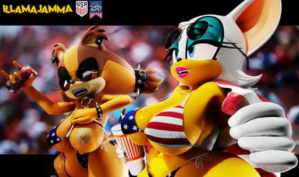 anthro areola big_breasts breasts cleavage clothed clothing duo erect_nipples female flashing flashing_breasts holidays huge_breasts nipples side_boob smile under_boob illamajamma 4th_of_july sega sonic_boom sonic_the_hedgehog_(series) rouge_the_bat sticks_the_jungle_badger badger bat mammal mustelid musteline 3d_(artwork) digital_media_(artwork) hi_res