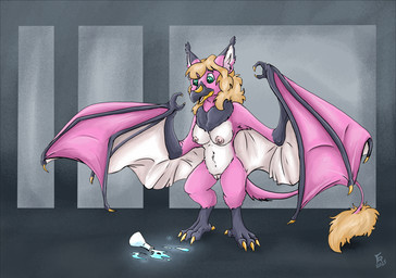 anthro beak blonde_hair blonde_tail_tuft bottle container female fur glowing glowing_liquid green_eyes hair neck_tuft pink_body pink_fur solo tail tail_tuft tuft winged_arms wings flinters toulia avian bat bird hybrid mammal 2025 hi_res