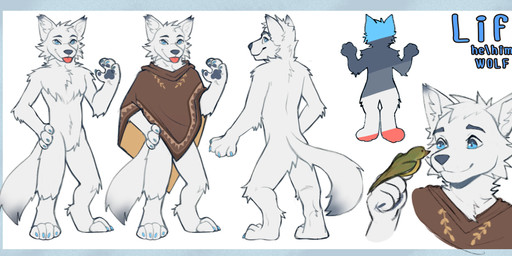4_fingers 4_toes ambiguous_gender anthro arm_tuft blep blue_claws blue_eyes bottomless brown_clothing brown_poncho casual_nudity cheek_tuft chest_tuft claws clothed clothing color_swatch ear_tuft elbow_tuft eyebrows facial_tuft featureless_crotch feet feral fingers fluffy fluffy_chest fluffy_tail front_view fur fuzzy hand_on_hip head_tuft inner_ear_fluff knee_tuft leg_tuft looking_at_viewer looking_back looking_back_at_viewer male naturally_censored neck_tuft nude partially_clothed pawpads plantigrade poncho pronouns raised_arm rear_view shoulder_tuft simple_background smile solo standing tail text toes tongue tongue_out tuft white_background white_body white_fur glebyshka78 dreamworks puss_in_boots_(franchise) fan_character life_(glebyshka) life_(personification) avian bird canid canine canis mammal wolf hi_res model_sheet