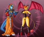 anthro armor breasts clothed clothing corset duo female lingerie magic_user male membrane_(anatomy) membranous_wings robe tail topwear wings pikuna scorpdk bandai_namco digimon fakemon mythology fan_character incendramon pikunamon demon domestic_cat dragon felid feline felis mammal mythological_creature mythological_scalie scalie hi_res