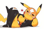 ambiguous_gender bodily_fluids clothing cosplay_pikachu_(costume) dorobo_39 generation_1_pokemon hi_res mask nintendo pikachu pikachu_libre pokemon pokemon_(species) semi-anthro simple_background solo speech_bubble sweat yellow_body