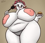 anthro areola belly big_areola big_breasts breasts burger cellulite curlers ear_piercing ear_ring elderly elderly_female female food looking_at_viewer low-angle_view mature_female nipples overweight overweight_female piercing pubes ring_piercing solo spatula stretch_marks thick_thighs tools oystercatcher7 beware_the_shadowcatcher zed_technician_games maude_(bts) bovid caprine mammal sheep hi_res