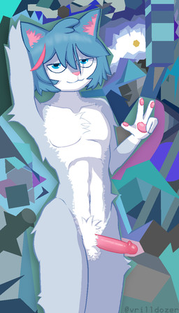 5_fingers :3 abs abstract_background anthro arm_tuft athletic balls biped blue_body blue_eyes blue_fur blue_hair chest_tuft crotch_lines crotch_tuft curly_hair fingers fluffy fluffy_balls front_view fur genitals geometric_background gesture glistening glistening_genitalia hair hand_gesture leg_tuft looking_at_viewer male medium_penis multicolored_body multicolored_fur navel non-euclidean_geometry nude_anthro nude_male pawpads penis pink_nose pink_pawpads pink_penis presenting presenting_armpit presenting_penis short_hair simple_background soft_abs solo sparkles sparkling_hair text thick_thighs thigh_tuft tuft v_sign white_body white_fur wide_hips vrilldozer vkontakte sima_(vkontakte) domestic_cat felid feline felis mammal 2025 4:7 artist_name cel_shading colored digital_media_(artwork) hi_res portrait shaded simple_shading three-quarter_portrait