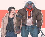 anthro blush brown_hair clothing duo embarrassed fur grey_body grey_fur grey_hair hair hand_holding human_on_anthro interspecies jacket male male/male muscular muscular_anthro muscular_human romantic romantic_couple scarf tail tail_motion tailwag topwear hitori_ox lifewonders tokyo_afterschool_summoners jock_protagonist_(tas) krampus_(tas) protagonist_(tas) human mammal monster 2024