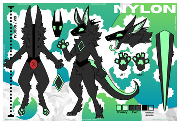 anthro big_ears butt claws digitigrade green_eyes green_nose green_pawpads grey_body male nude pawpads paws slim snout tail text visor mantled_beast 2025 digital_media_(artwork) english_text hi_res model_sheet