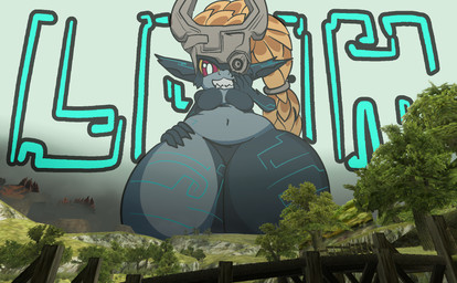 clothing female fused_shadow headgear headwear looming macro onomatopoeia solo sound_effects text thick_thighs wide_hips nova_prowler nintendo the_legend_of_zelda twilight_princess midna humanoid imp hi_res