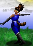 big_breasts breasts clothing curvy_figure eyewear female goggles hair hourglass_figure jumpsuit kymerazero looking_back ponytail solo flo_fontaine animal_humanoid canid canid_humanoid canine canine_humanoid humanoid mammal mammal_humanoid tanuki_humanoid absurd_res hi_res