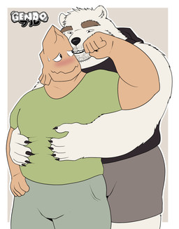 anthro blushing_at_partner bodily_fluids bottomwear claws clothed clothing duo eyebrows finger_claws happy hug hugging_another hugging_from_behind looking_down male male/male nervous nervous_smile nervous_sweat raised_arm shorts simple_background sweat sweatdrop thick_eyebrows gendomx koji_koda bear mammal polar_bear quirked_human_(my_hero_academia) ursine hi_res