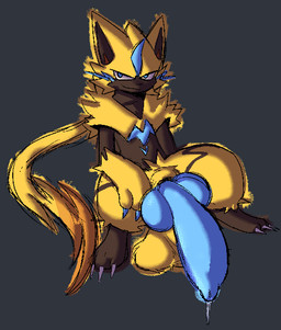 anthro balls big_balls big_penis black_body blue_eyes blue_penis bodily_fluids claws dripping fluffy fur genital_fluids genitals huge_penis hyper hyper_genitalia looking_at_viewer male penis precum precum_drip presenting saggy_balls sitting solo toe_claws yellow_body yellow_fur gemon nintendo pokemon felid generation_7_pokemon legendary_pokemon mammal pokemon_(species) zeraora 2026 digital_media_(artwork) shaded