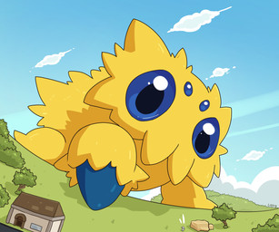 4_eyes ambiguous_gender blue_body blue_eyes building cloud day duo extreme_size_difference faceless_character feral fluffy fur grass house looming macro micro_human multi_eye outside plant size_difference smaller_human tree yellow_body yellow_fur listrymistery nintendo pokemon arachnid arthropod generation_5_pokemon human joltik mammal pokemon_(species) absurd_res hi_res