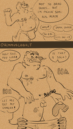 allcaps anthro balls belly briefs briefs_only bulge caught_in_the_act clothed clothed/nude clothing dialogue embarrassed embarrassing_exposure embarrassing_nudity flaccid footwear forced forced_exposure forced_undressing foreskin genitals group hand_on_briefs humiliation lying_about_penis male male/male micropenis nude penis penis_humiliation profanity public small_penis small_penis_humiliation socks speech_bubble spots text tighty_whities topless topless_anthro topless_male underwear underwear_only undressing unretracted_foreskin white_briefs white_clothing white_underwear remmus_cobalt bear mammal 4k 9:16 absurd_res comic english_text hi_res