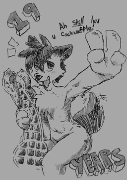 4_fingers anthro chest_tuft fingers food holding_food holding_object humanoid_hands looking_at_viewer male navel open_mouth smile smiling_at_viewer solo syrup tail tail_motion tailwag text tuft waffle bootleganime cockwaffle deimion 2026 english_description english_text hi_res meme sketch