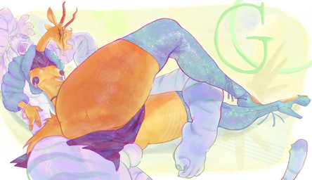 anthro balls big_butt blonde_hair bodily_fluids butt duo female genitals hair looking_at_viewer male muscular orange_body orgasm_face pasties squish sweat thick_thighs thigh_squish smashmat disney zootopia gazelle_(zootopia) antelope bovid felid gazelle mammal pantherine tiger absurd_res hi_res