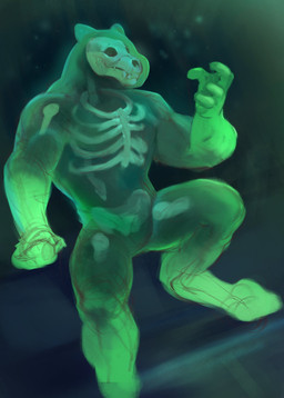 ambiguous_gender anthro bone glowing glowing_hands glowing_paws green_body night paws skeleton skull solo translucent translucent_belly translucent_body translucent_hand turquoise_body visible_skeleton notsophatmatt goo_creature digital_media_(artwork) digital_painting_(artwork) hi_res painting_(artwork)