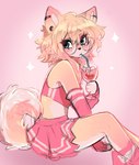 anthro beverage blonde_hair blue_eyes bottomwear clothing curled_tail eyewear female female_anthro fur glasses hair humanoid_face kemono piercing sipping sitting skirt solo tail topwear yellow_body yellow_fur anakoluth aska_(character) canid canine canis domestic_dog mammal shiba_inu spitz hi_res icon pastel_theme pink_theme