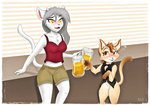 alcohol anthro beverage blush bottomless bottomwear bow_tie brown_body brown_eyes brown_fur brown_hair chest_tuft clothed clothing counter dipstick_tail drinking drunk duo female female/female feral fur gloves_(marking) grey_hair hair holding_beverage holding_object horn leaning leg_markings markings multicolored_tail open_mouth open_smile partially_clothed pupils semi-anthro shirt shorts size_difference slit_pupils smile socks_(marking) substance_intoxication tail tail_markings tan_body tan_fur tank_top tipsy topwear tuft tuxedo_vest white_body white_fur yellow_eyes nightfury2020 twokinds lady_nora_(twokinds) windstraw_kidwell domestic_cat felid feline felis keidran mammal