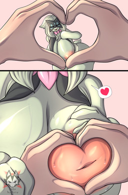ambiguous_gender anthro areola big_breasts biped bodily_fluids breasts eyelashes female female/ambiguous green_body hair heart_symbol inverted_nipples nipples pupils smile sweat sweaty_breasts lobovalkiria nintendo pokemon generation_9_pokemon meowscarada pokemon_(species) absurd_res hi_res