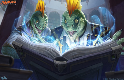 anthro blue_clothing book bookshelf clothing duo fin furniture green_body green_scales inside library magic male open_mouth scales smile brian_valeza hasbro magic:_the_gathering wizards_of_the_coast lizard reptile scalie 2021 official_art