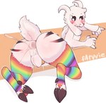 absurd_res anthro asriel_dreemurr_(god_form) balls black_body black_fur blush bodily_fluids bovid butt caprine chastity_cage chastity_device clothing cum cum_in_ass cum_inside farvvie fur genital_fluids genitals girly goat gold_(metal) gold_chastity_cage gold_chastity_device hi_res hooves horn incorrectly_drawn_chastity_cage legwear male mammal multicolored_clothing multicolored_legwear multicolored_stockings open_mouth precum rainbow_clothing rainbow_legwear rainbow_stockings raised_tail short_tail simple_background solo stockings tail undertale undertale_(series) white_background white_body white_fur wide_hips