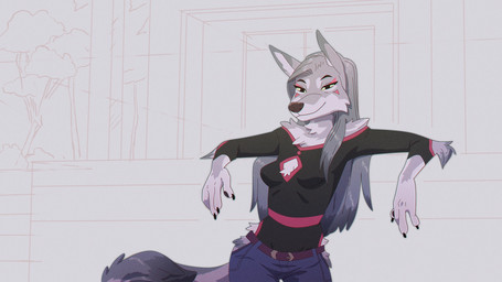anthro belt bottomwear cleavage_cutout clothing colored_nails cutout denim denim_bottomwear denim_clothing facial_markings female fur grey_body grey_fur grey_hair hair head_markings jeans leaning leaning_backward leaning_on_wall long_hair long_sleeve_shirt long_tail markings nails pants pointy_ears simple_background smile snout solo tail ruffu canid canine canis mammal wolf 16:9 digital_drawing_(artwork) digital_media_(artwork) hi_res portrait three-quarter_portrait widescreen