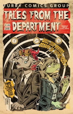 anthro black_hair clock clothing currency_symbol device dollar_sign duo ear_piercing eyewear eyewear_on_head female flashlight fur goggles goggles_on_head green_body green_scales grey_body grey_fur hair horn looking_up male open_mouth piercing red_hair scales spiral suit surprised symbol text skuzzbutt dreddy_(dreddyhypno) bovid bovine caprine goat imp kobold mammal scalie cover cover_art cover_page english_text hi_res