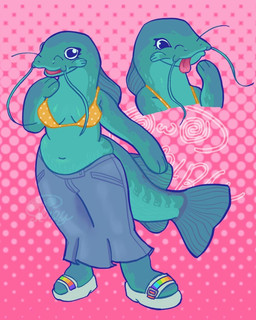 anthro blep bottomwear bra breasts clothing countershade_torso countershading denim denim_bottomwear denim_clothing denim_skirt female footwear green_body navel non-mammal_breasts non-mammal_navel polka_dots simple_background skirt slightly_chubby slightly_chubby_anthro slightly_chubby_female small_breasts solo stretch_marks tail tongue tongue_out underwear whimsipy aquatic catfish fish 4:5 better_version_at_source full-length_portrait hi_res portrait signature
