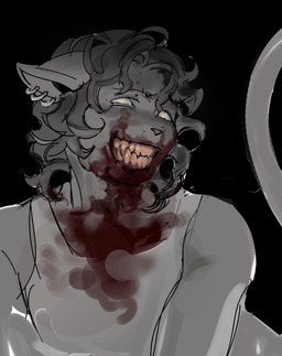 anthro black_background black_hair blood blood_from_mouth blood_in_mouth blood_on_clothing bodily_fluids clothing creepy_smile ear_piercing ear_ring gore grey_body grey_skin hair long_tail looking_at_viewer male nightmare_fuel piercing pointy_ears realistic_anatomy realistic_teeth ring_piercing shirt short_hair simple_background smile smiling_at_viewer solo tail tank_top topwear yellow_eyes ddcrushh dylan_(ddcrushh) felid feline mammal digital_drawing_(artwork) digital_media_(artwork) trans_(lore) trans_man_(lore)