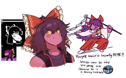 accessory anthro biped blush blush_lines bow_ribbon clothed clothing cosplay embarrassed female female_anthro gohei hair hair_accessory hair_bow hair_ribbon long_hair pink_body pink_scales purple_hair ribbons scales simple_background snout solo text three-quarter_view white_background yellow_sclera speargsun deltarune touhou undertale_(series) lancer_(deltarune) reimu_hakurei susie_(deltarune) scalie 2026 bust_portrait crossover digital_drawing_(artwork) digital_media_(artwork) english_description english_text hi_res multiple_images portrait reference_image